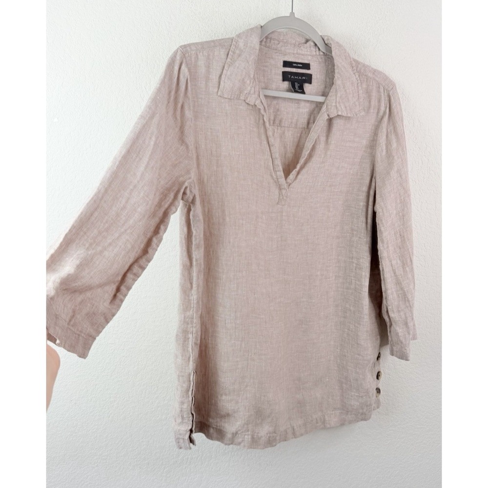 Tahari 100% Linen Tunic Top Sz L Taupe Popover 3/4 Sleeve Relaxed Coastal Beachy - Picture 2 of 5